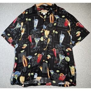 VTG‎ Paradise Found Hawaiian Shirt 2XL Martini Olive Champagne Rayon Black Aloha